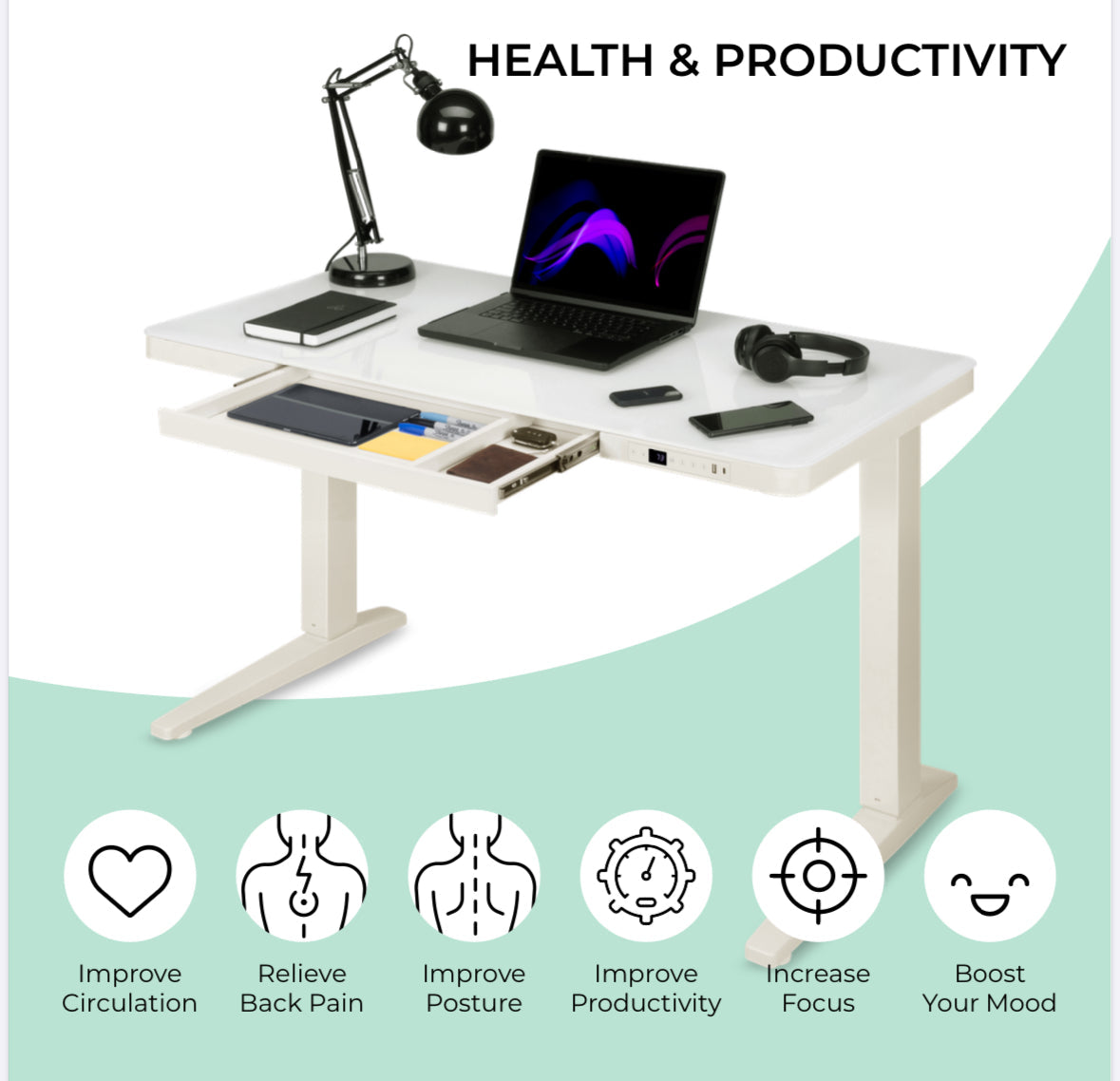 Ergonest E-Max Electric Standing Desk – Glass Top, White