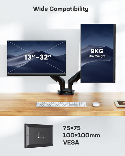 Ergonest Dual Monitor Arm – Adjustable Desk Mount (13–32 in)