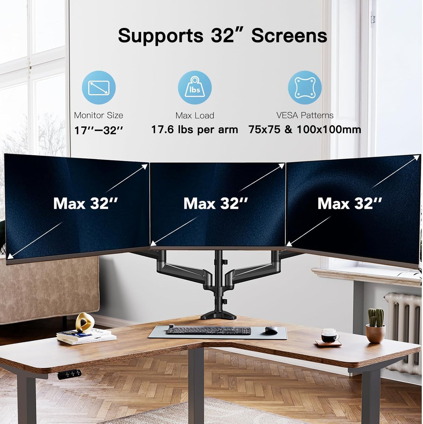 Ergonest Triple Monitor Arm – Adjustable Desk Mount (17–32 in)