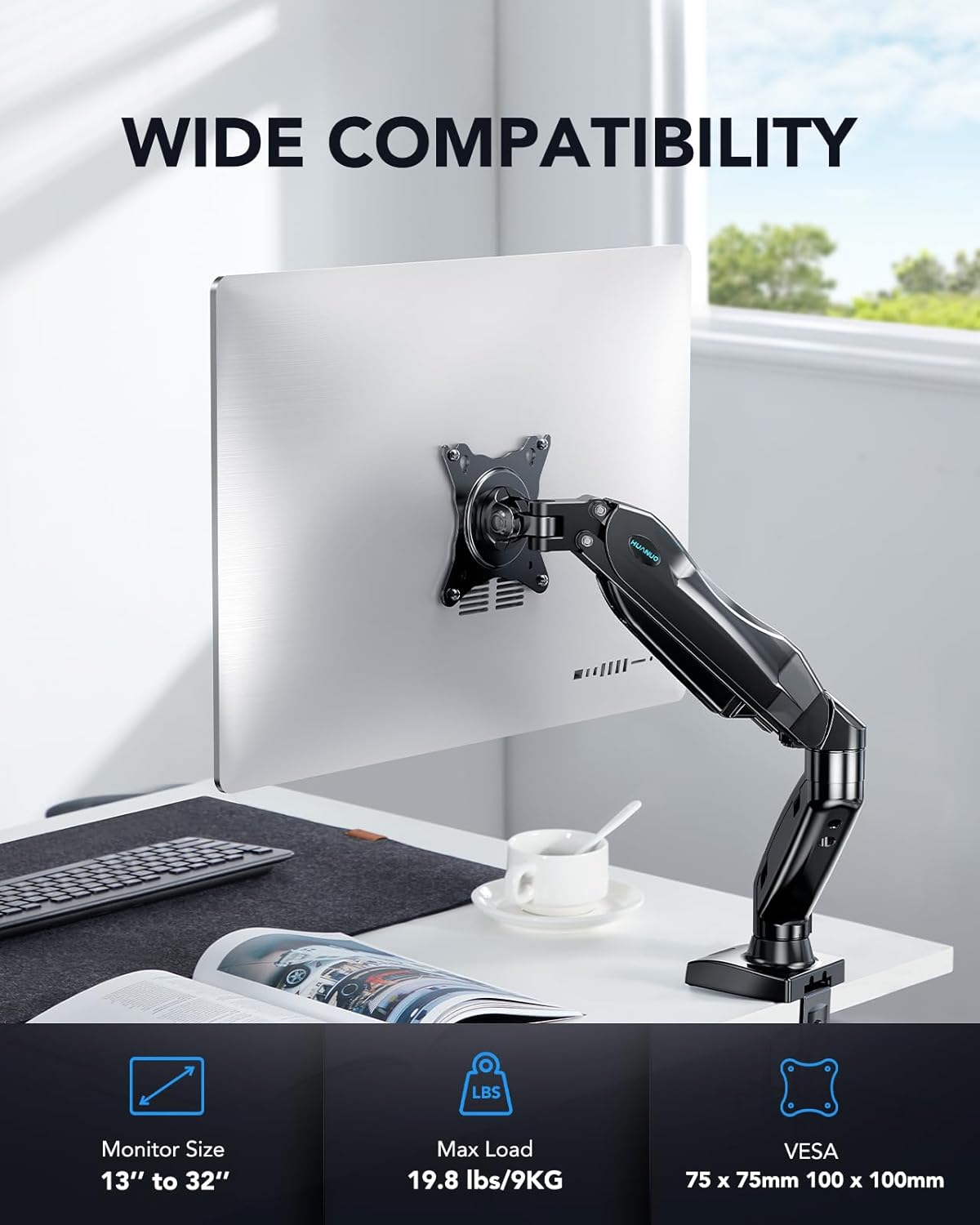 Ergonest Single Monitor Arm – Adjustable Desk Mount, White (13–32 in)