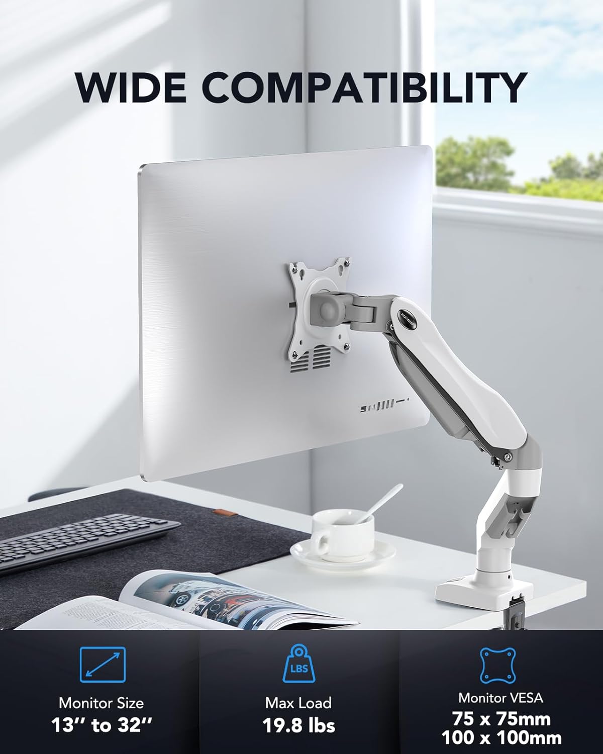 Ergonest Single Monitor Arm – Adjustable Desk Mount, White (13–32 in)