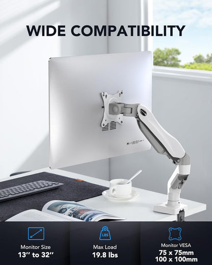 Ergonest Single Monitor Arm – Adjustable Desk Mount, White (13–32 in)