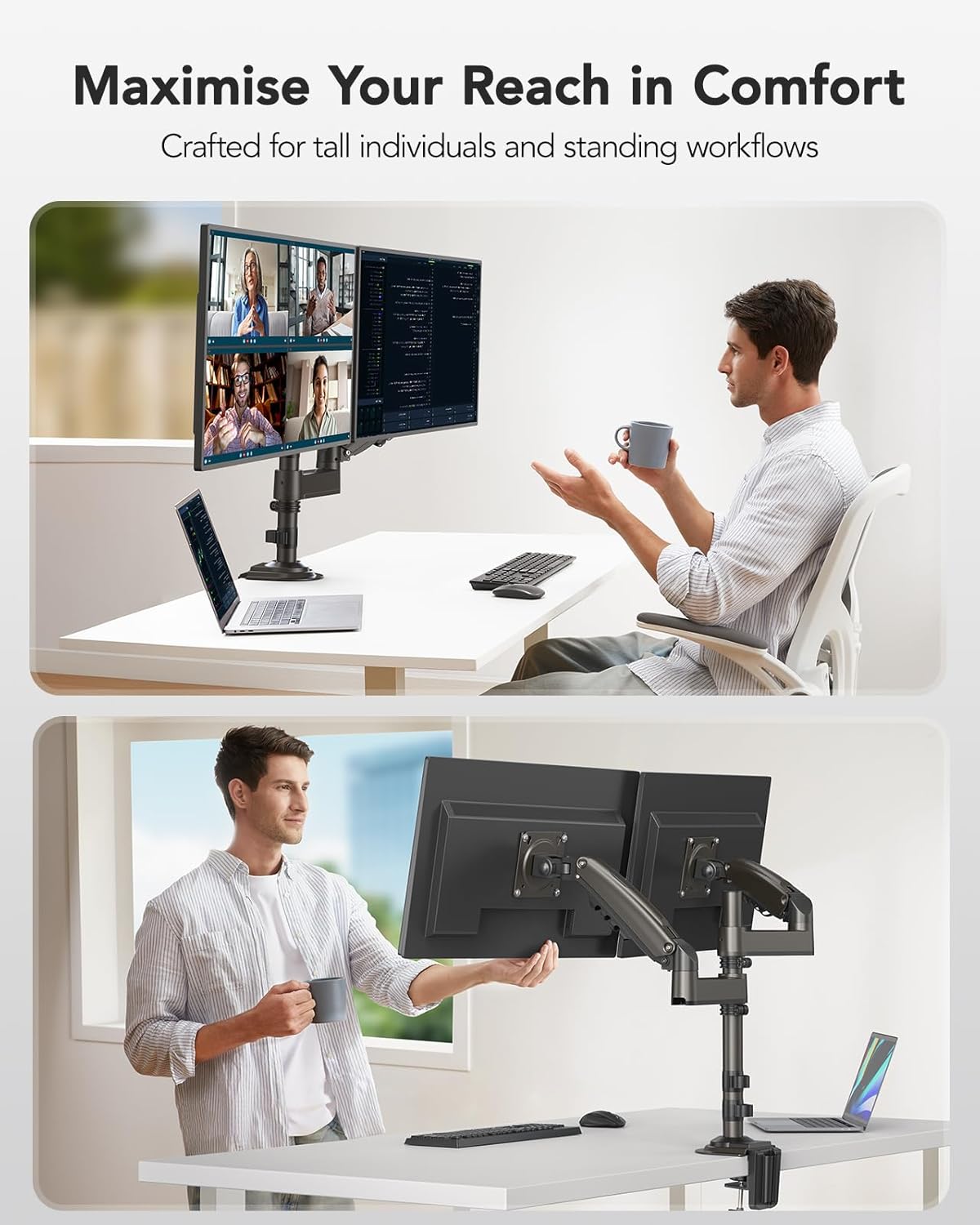 Ergonest Dual Monitor Arm – Tall Adjustable Desk Mount (13–32 in)