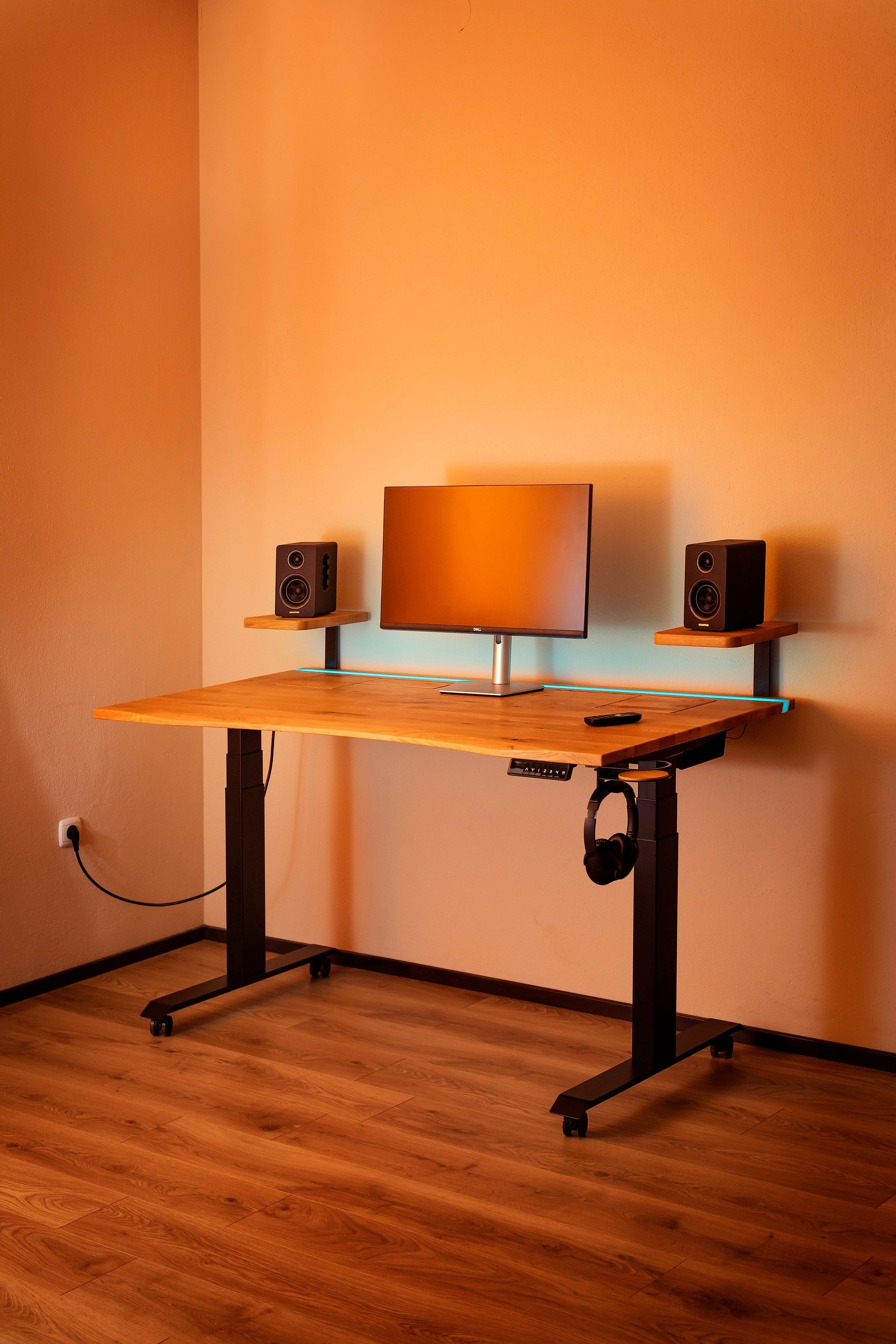 ErgoHide oak epoxy LED desk lifestyle