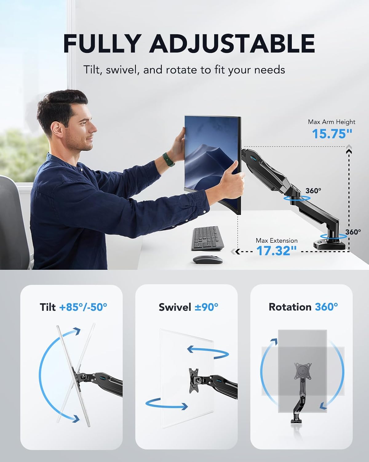 Ergonest Single Monitor Arm – Adjustable Desk Mount, White (13–32 in)
