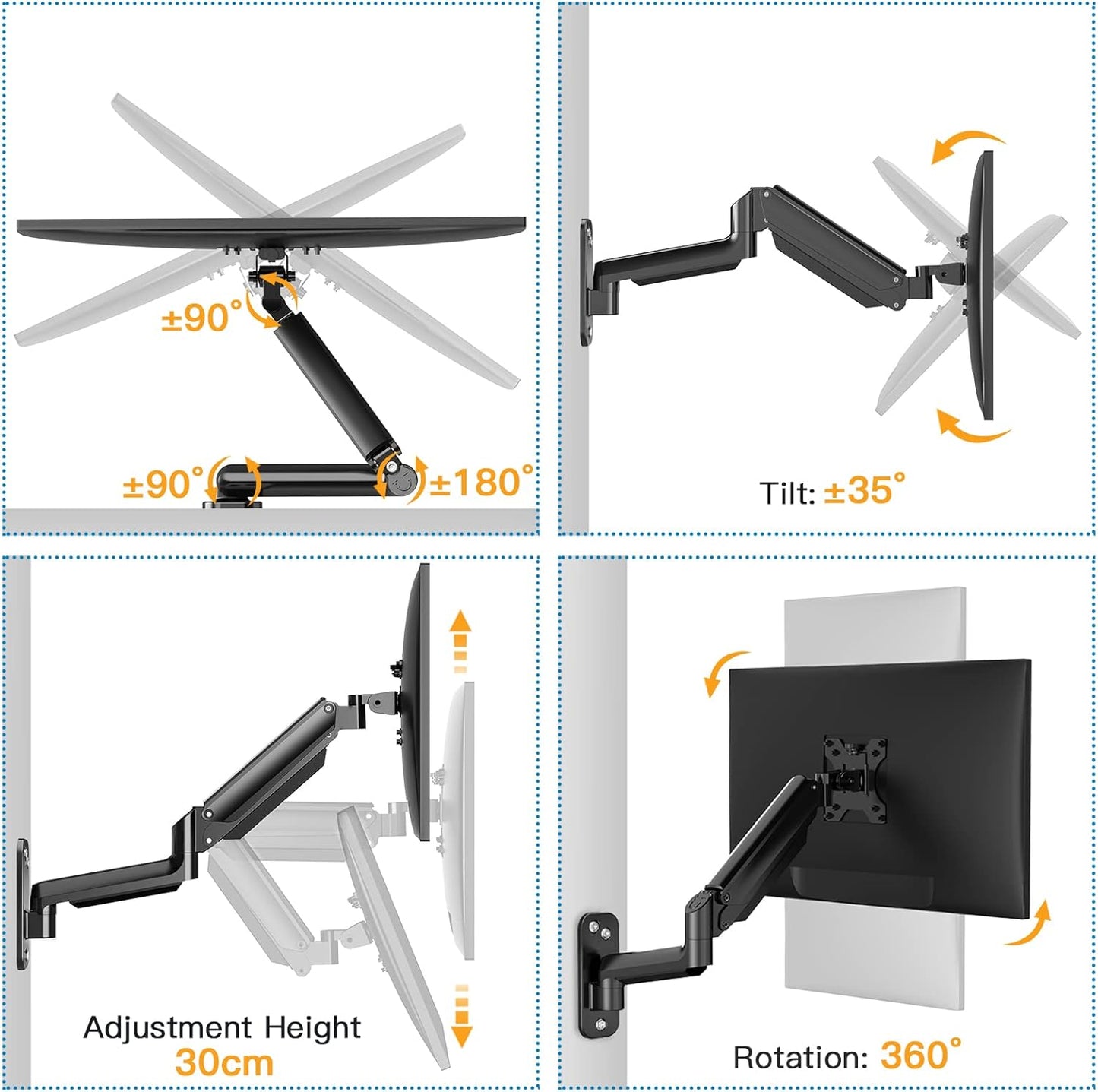 Ergonest Monitor Wall Mount – Gas Spring Arm (17–32 in)