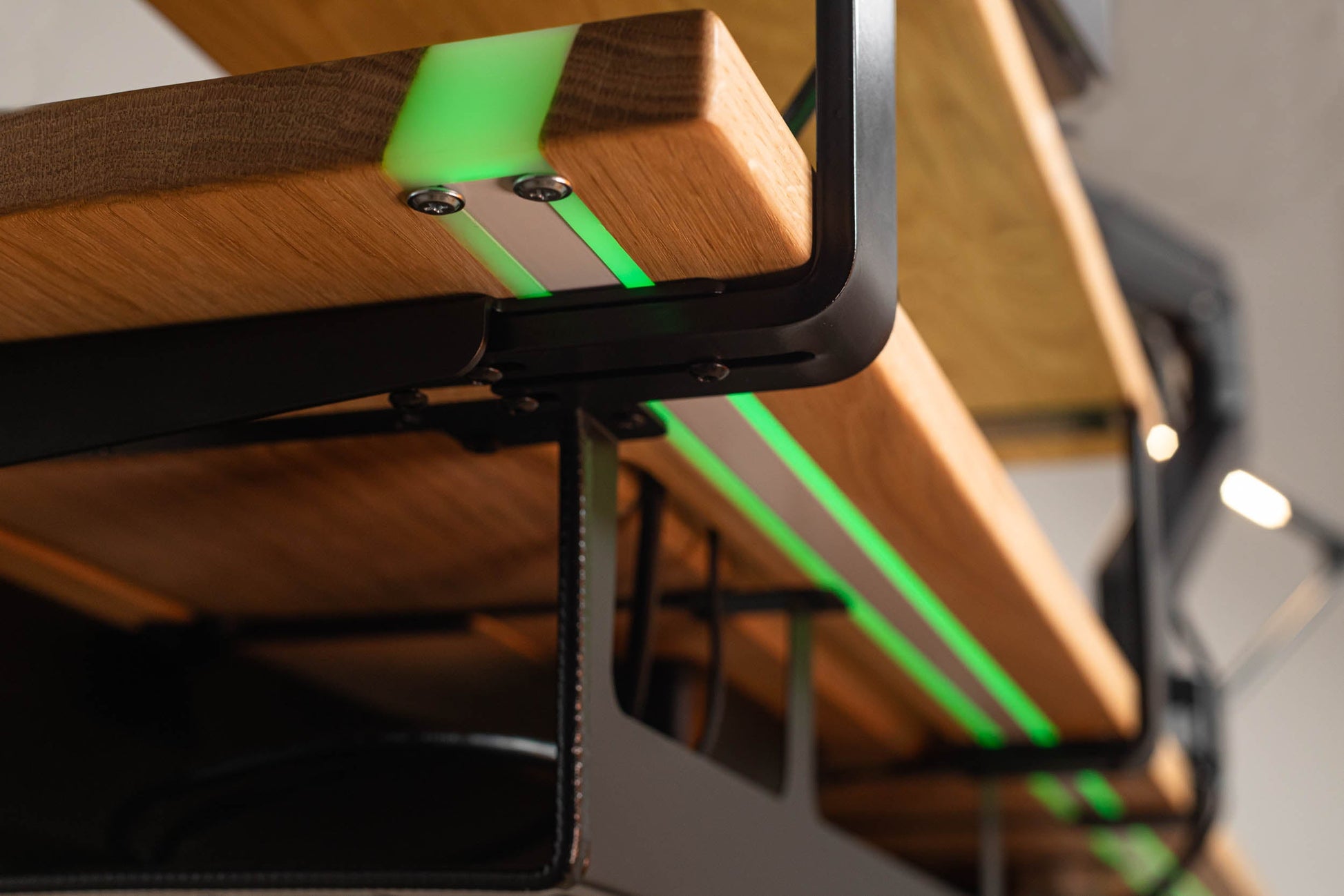 ErgoHide oak desk with epoxy LED close-up
