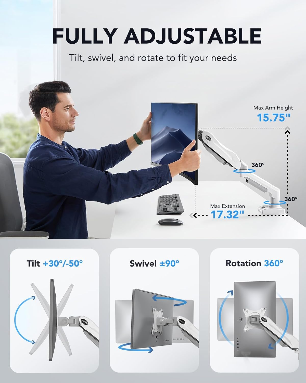 Ergonest Single Monitor Arm – Adjustable Desk Mount, White (13–32 in)