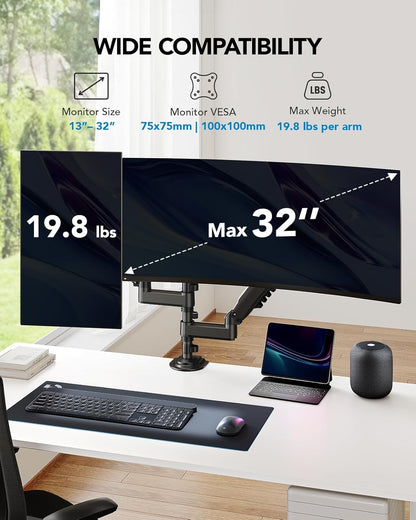 Ergonest Dual Monitor Arm – Tall Adjustable Desk Mount (13–32 in)