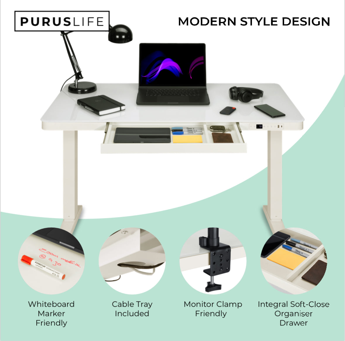 Ergonest E-Max Electric Standing Desk – Glass Top, White