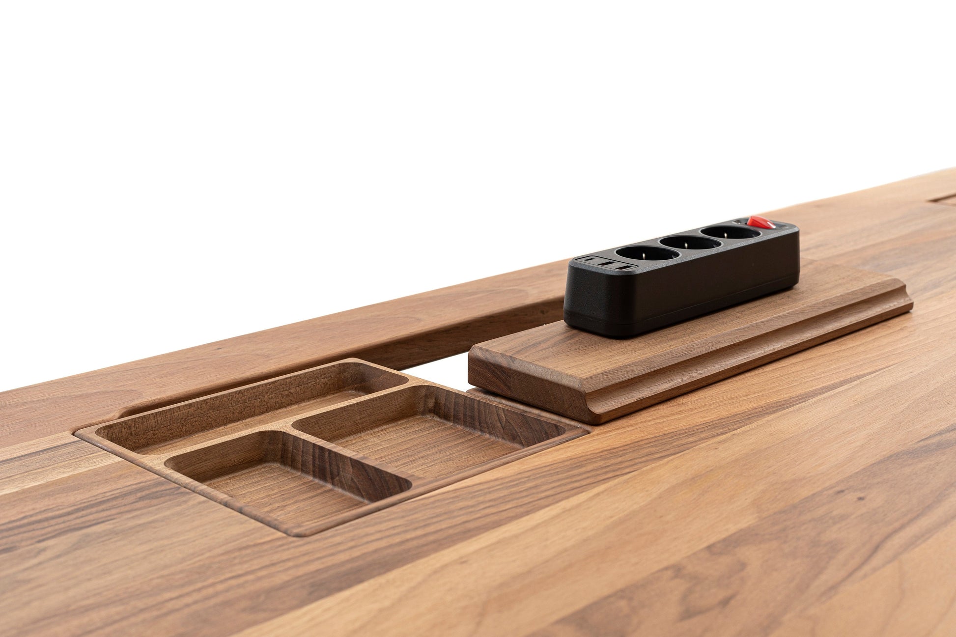 ErgoHide walnut desk detail shot