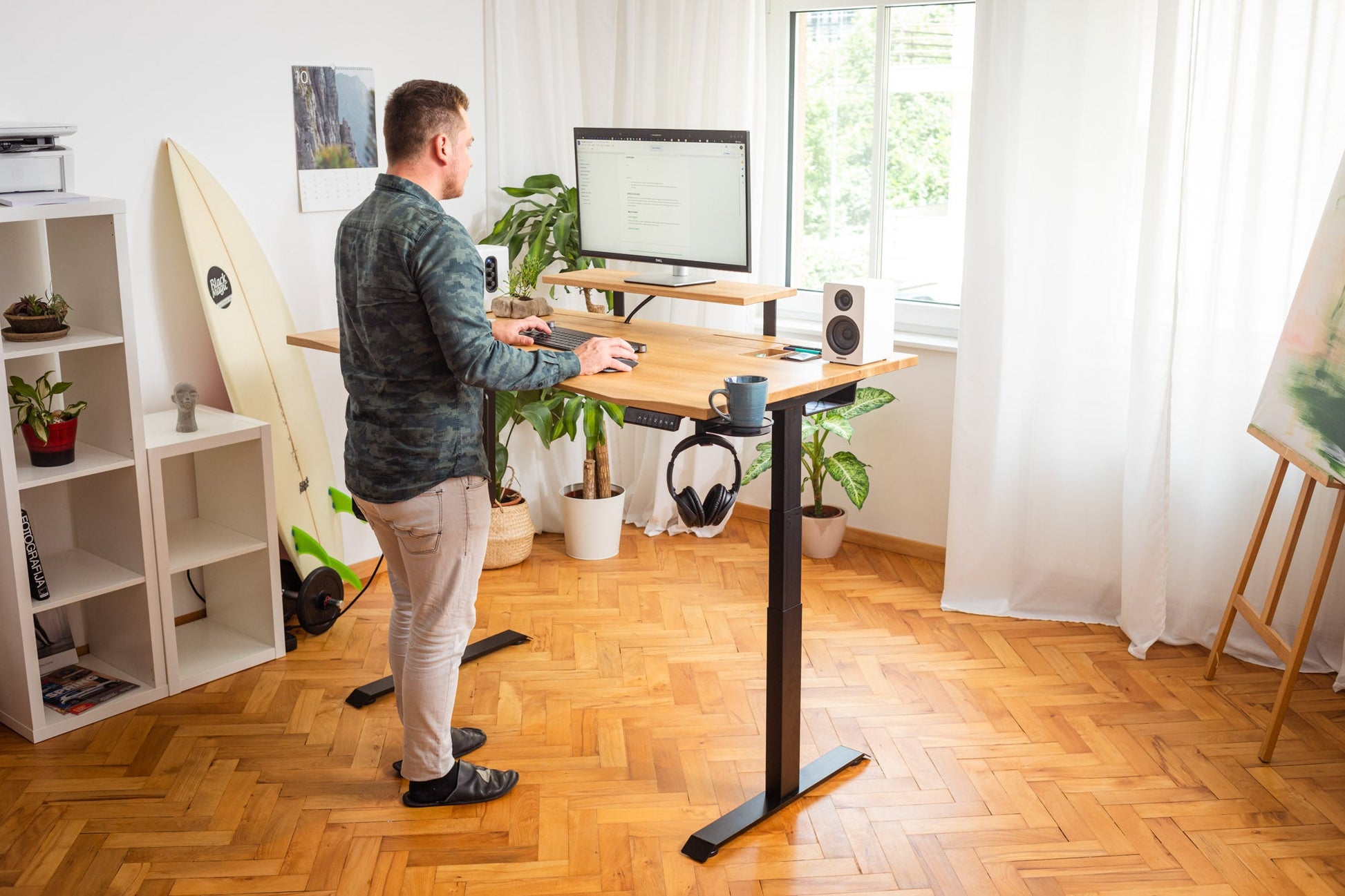 ErgoHide oak cable space desk lifestyle