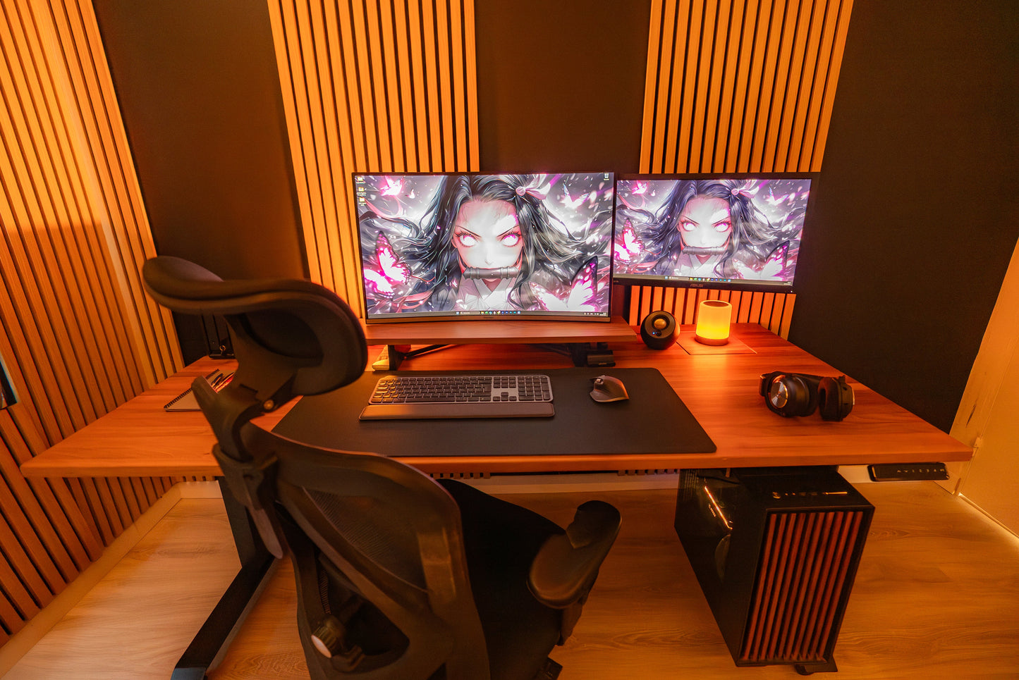 ErgoHide walnut desk customer workspace