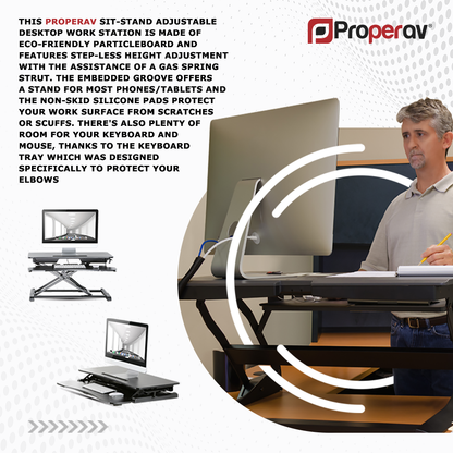Ergonest Two-Tier Sit-Stand Desk Converter – Gas Spring, Black