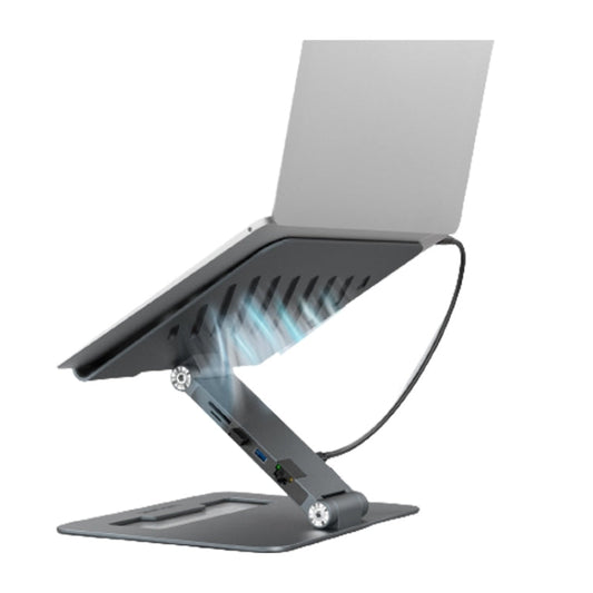Portable aluminium laptop stand with USB-C docking station