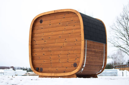 Compact Outdoor Sauna Cabin – Dice Sauna POCKET | Thermowood 1-4 Person Prefab with Glass Front & Alder Benches