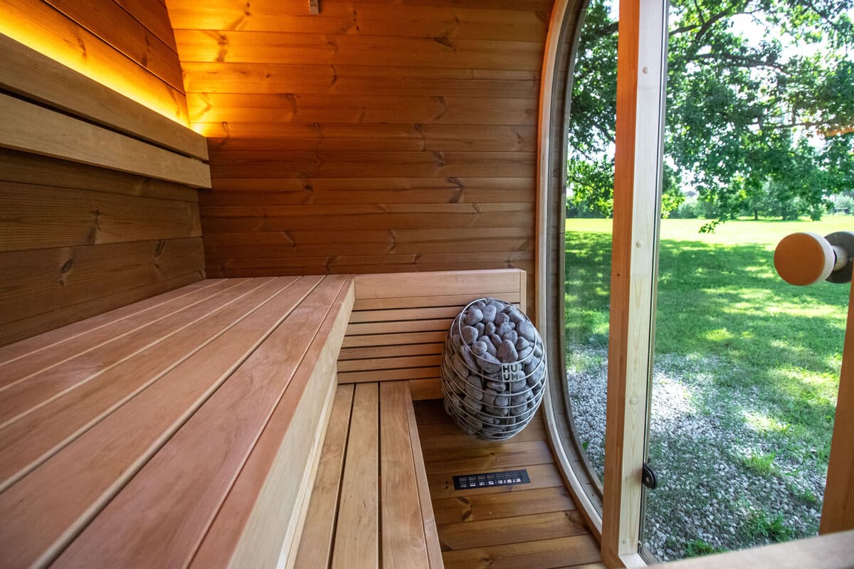 Compact Outdoor Sauna Cabin – Dice Sauna POCKET | Thermowood 1-4 Person Prefab with Glass Front & Alder Benches