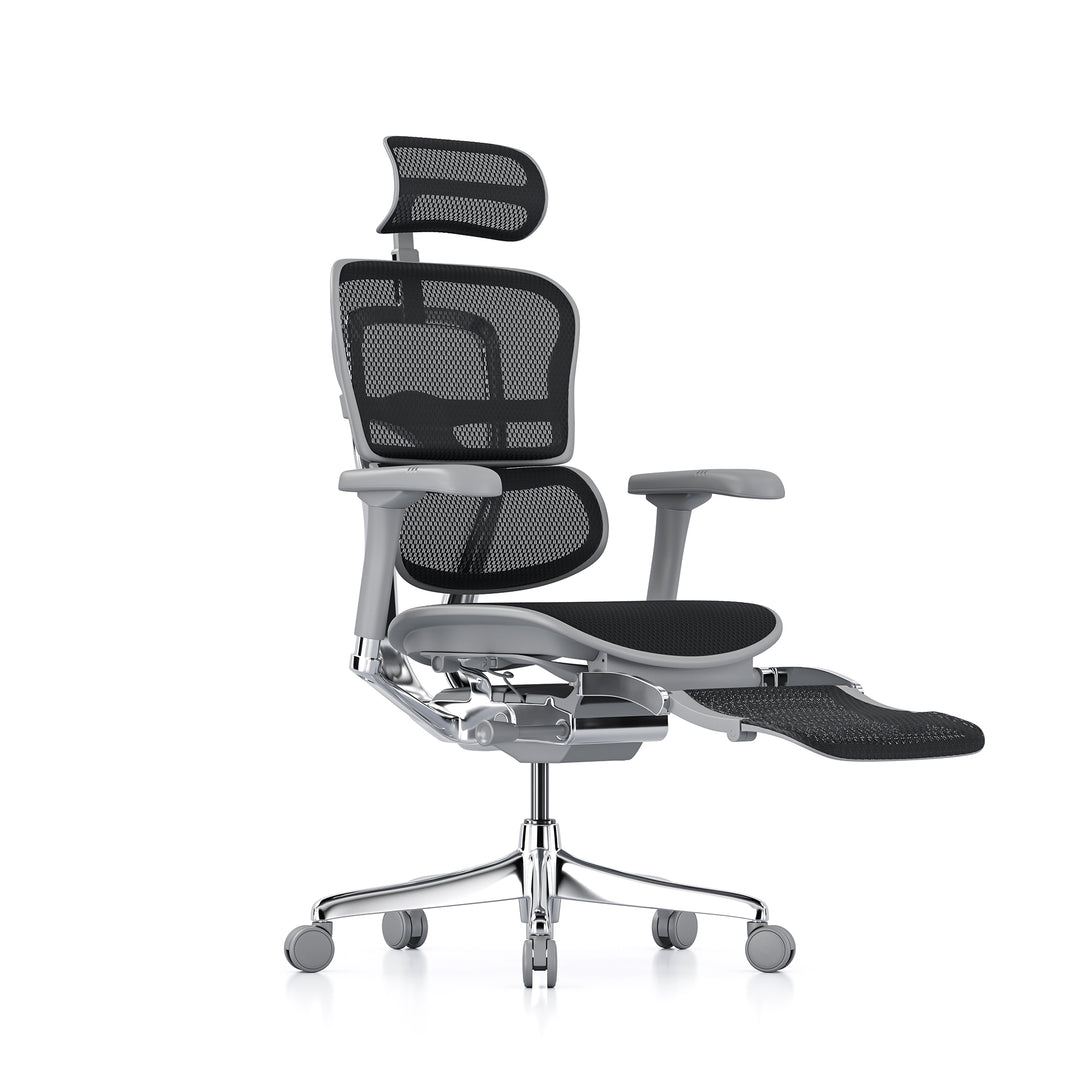 Ergohuman Office Chair- Black Mesh Office Chair Ergohuman With Headrest + Legrest Grey