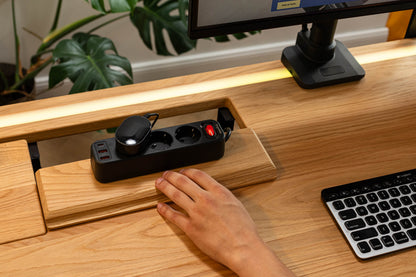 ErgoHide oak cable space desk with power strip