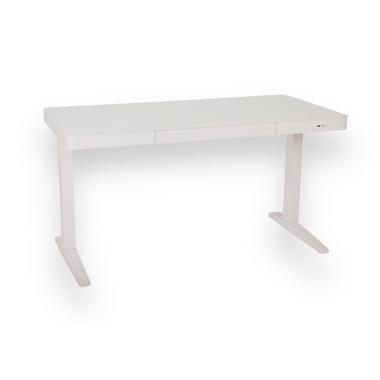 Smart electric standing desk, glass top, white