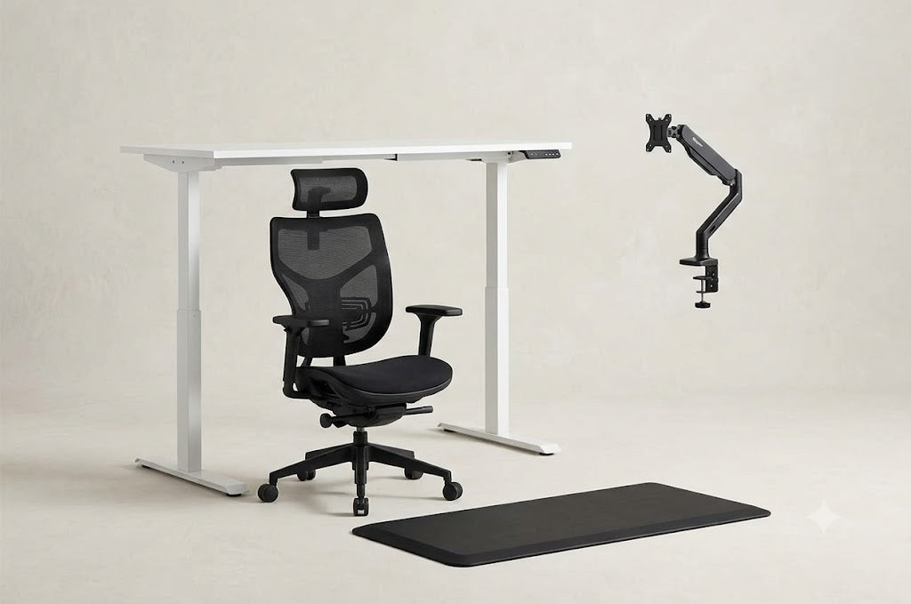 Essential's Ergonest Home Office Bundle — Desk, Chair, Mat & Monitor Arm